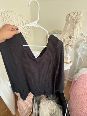 Black Waffle-Knit V-Neck Women's Top Free People
